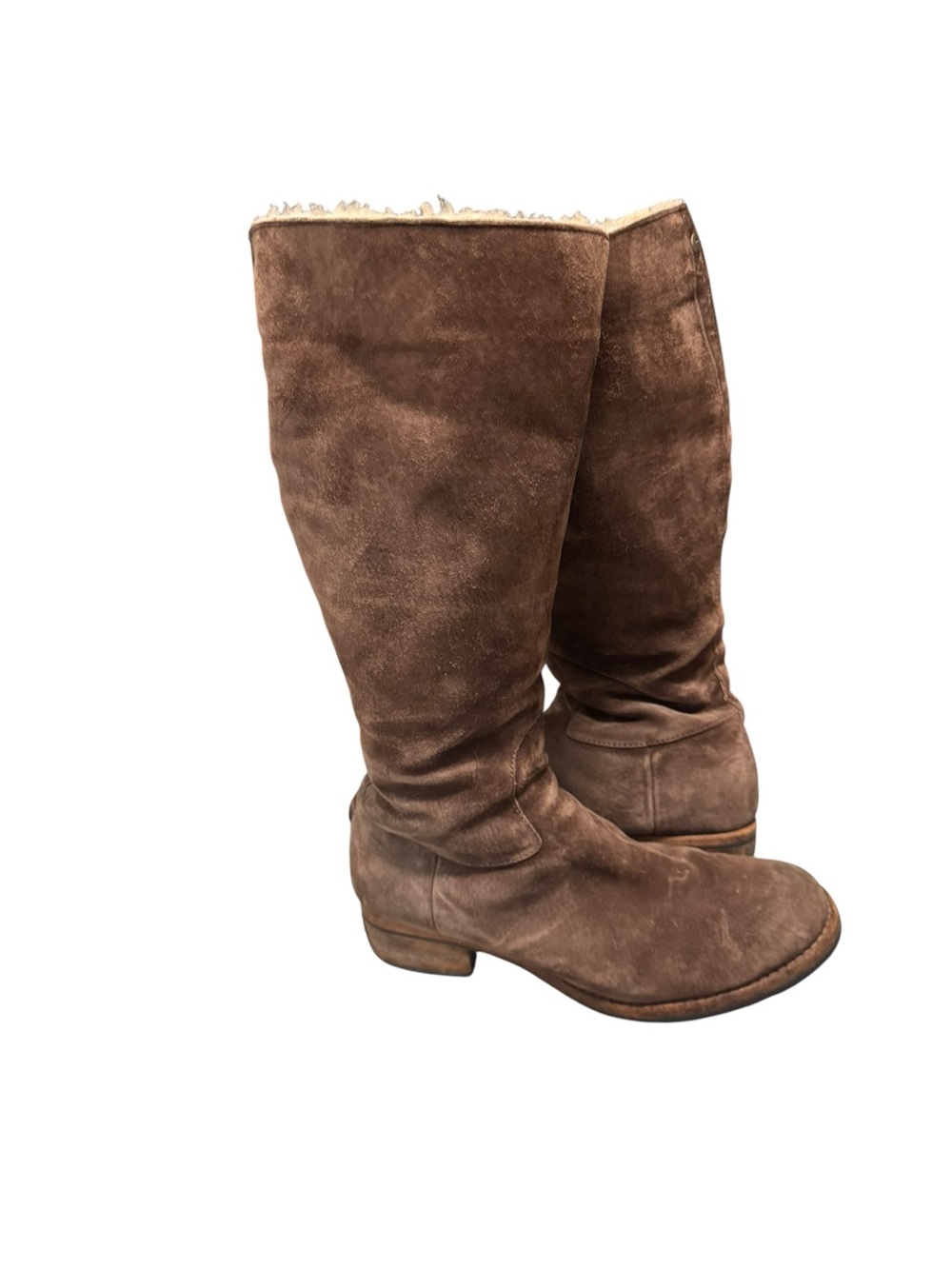 UGG Australia Tall Brown Suede Shearling Lined Zip Boots Women’s 8.5 Distressed
